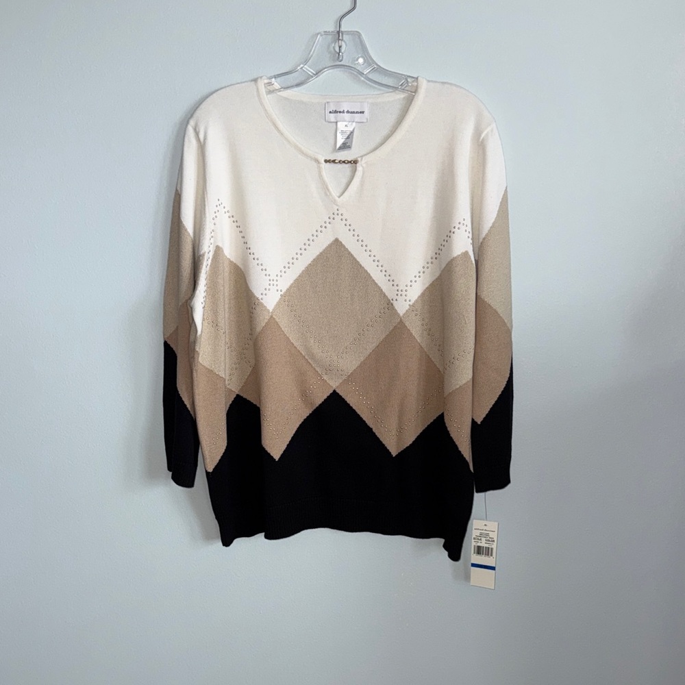 Alfred Dunner Women's Diamond Pattern Sweater - Black, Tan, Cream size XL